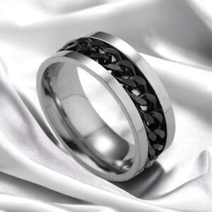 NEW Men’s Black Chain Spinner Ring Silver Stainless Steel Jewelry 8mm Wide